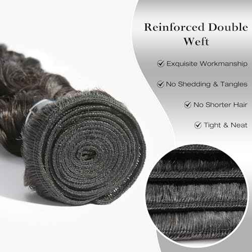 ASHINE Human Hair Bundle Deep Wave Unprocessed Cambodian Raw Hair 18 Inch, Flip Over Quick Weave Wet and Wave Bundles for Women Natural Black