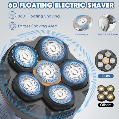6D Electric Head Shaver for Men, Magnetic Wet & Dry Razor Electric Razor Hair Trimmer, IPX6 Waterproof, LED Display, Rechargeable Cordless Grooming Kit