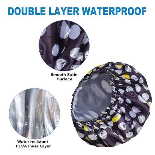 Shower Cap for Women Set of 4, Bath Caps, Double Layers Hair Caps + 2 Satin Hair Scrunchies, Reusable Waterproof Shower Caps, Elastic Hair Cap for Shower