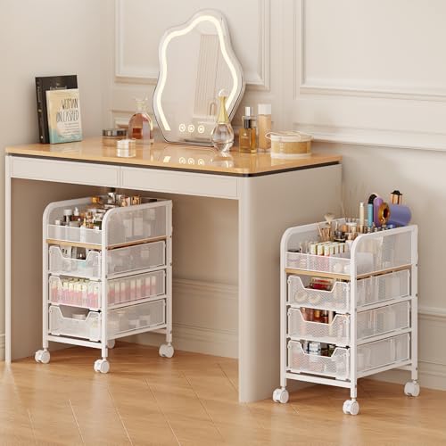Rolling Makeup Cart Organizer with 3 Drawers, 4-Tier Narrow Floor Skincare Organizers with dividers, Vanity Organizer Cosmetics Display Cases for Makeup Brush, Hair Tool, White