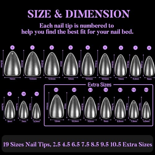 Short Almond Nail Tips 504Pcs, Jofay Fashion Pre-shaped & Etched Acrylic Fake Nails Full Cover Almond Clear Gel Nail Tips Full Matte False Nails Press On Nails for Nail Extensions DIY Salon 19 Sizes