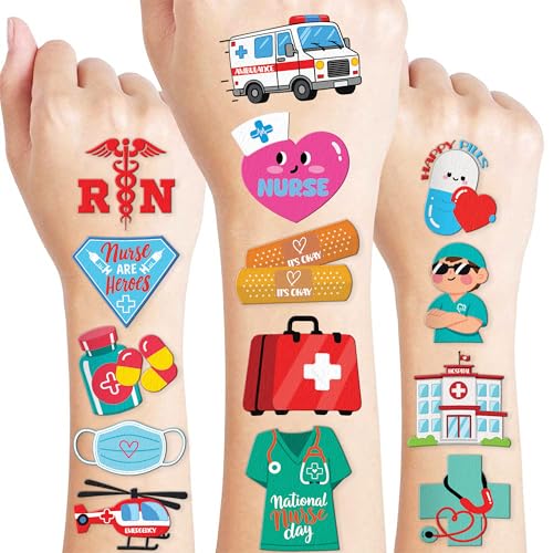 96 PCS Happy Nurses Day Nursing Nurse Pre-Cut Temporary Tattoos for Kids | Super Cute Themed Birthday Party Favors, Supplies, Decorations, Fake Tattoo Stickers, School Rewards Gifts & Boys & Girls