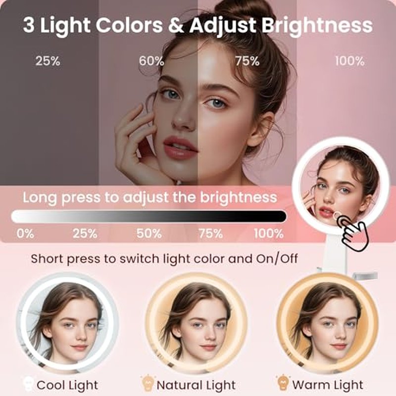 10X Magnifying Makeup Mirror with 3 Color Lights, Rechargeable