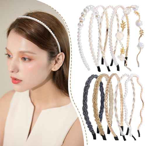 Pearl and Metal Headbands - Beaded No Slip Hair Accessories for Women and Girls, 10 Pack