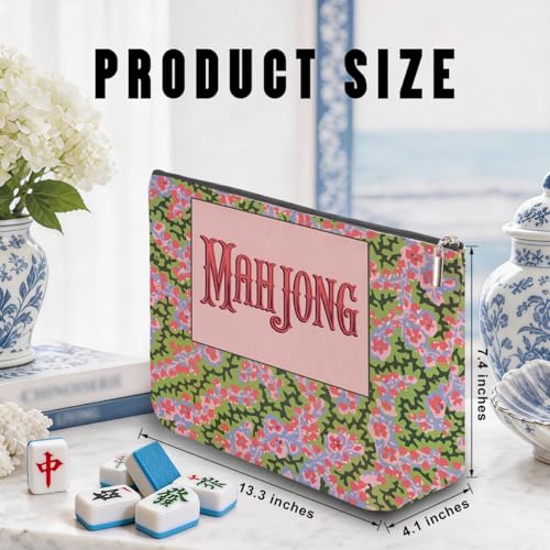 Pink Floral Mahjong Tile Bag - Durable Zippered Pouch for Accessories