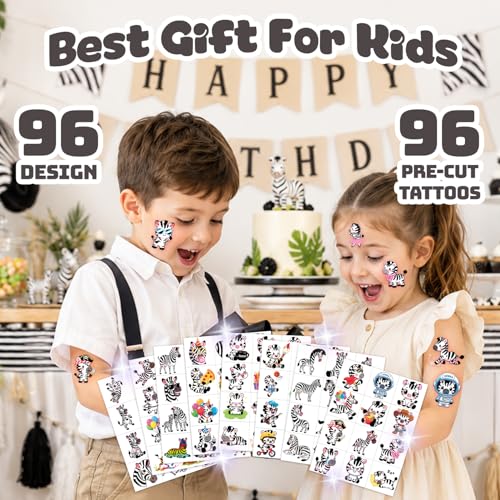 96 PCS Zebra Temporary Tattoos for Kids - Party Favors