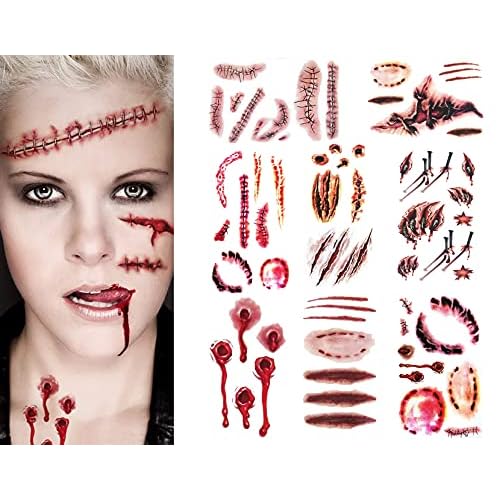 9 Sheet Body Face Temporary Tattoos Realistic Fake Wound Stitch Scar Scab Waterproof Horror Sticker Halloween Fool's Day Zombie Masquerade Prank Makeup Props for Kids Adult