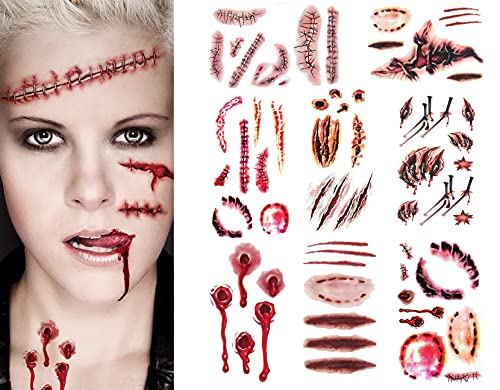 9 Sheet Realistic Fake Scar Temporary Tattoos - Waterproof Halloween Zombie Makeup
