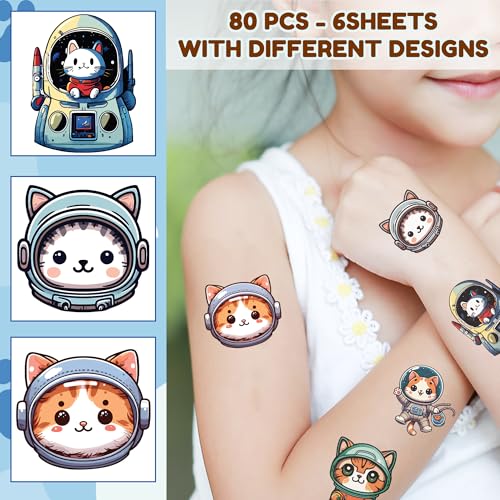 Cat Temporary Tattoos for Party Supplies, Cat Decorations, 80 PCS Space Themed Party Favors, Cute Animals Tattoos for Birthday Party Supplies Pet Lover