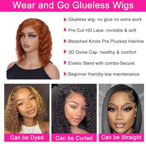 Ginger Curly Wig Human Hair Side Part Bob Wig Short Curly Ginger Glueless Wigs Human Hair Pre Plucked Pre Cut 4x4 HD Lace Closure Deep Wave Lace Front Wigs for Black Women 10 Inch