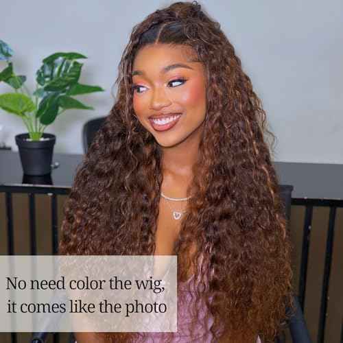 ALHER Long Deep Part 2x6 Closure Water Wave Honey Blonde Highlight, Ombre Brown and Blond Wet and Wavy 2x6 Kim K Lace Closure Pre Plucked With Baby Hair, #P4/27 Color Real Human Hair Closure 14 Inch