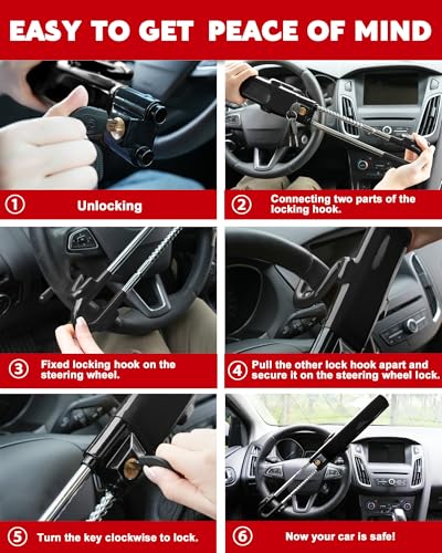 Tevlaphee Steering Wheel Lock Anti-Theft Car Device Heavy Duty Security Car Lock Antitheft Locking Devices Great Deterrent Adjustable Car Wheel Lock Anti Theft for Vehicle Truck with 3 Keys(Black)