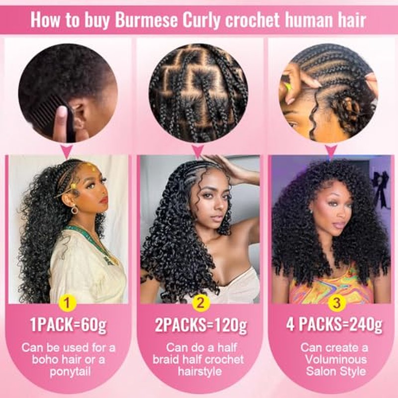 20 Inch Burmese Curly Crochet Human Hair Extensions - Lightweight & Reusable