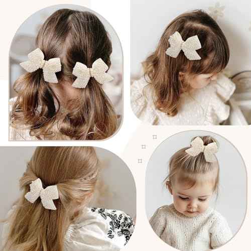 TOKUFAGU 2 PCS Pearl Hair Bows Clips for Toddler Girls, Elegant Ivory White Pearl Clips Hair Accessory for Flower Girl Wedding Birthday Halloween Christmas