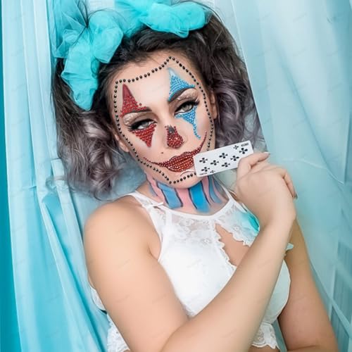3 Pcs Clown Face Gems Jewels Makeup Sticker 3D Gemstone Face Stickers Scary Clown Rhinestone Face Jewel Glitter Sticker Temporary Tattoos for Halloween Carnival Day of the Dead Party Decoration
