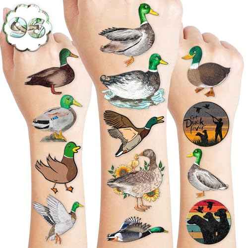 Generic 96 PCS Mallard Duck Birthday Party Decorations Party Favors Supplies Decor Cute Hunting Duck Temporary Tattoo Stickers Gifts for Kids Classroom Prizes Rewards, White, Grey
