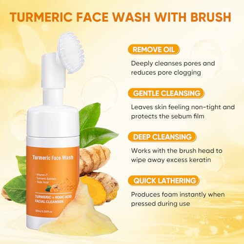 Treeroot 4Pcs Turmeric Face Wash Set: 2Pcs 70g Turmeric Kojic Acid Soap & Turmeric Face Wash with Brush & Turmeric Face Scrub Pads, Face & Body Cleanser, Cleansing Mousse for Deep Cleansing