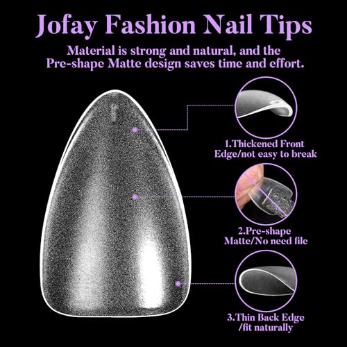 Short Almond Nail Tips 504Pcs, Jofay Fashion Pre-shaped & Etched Acrylic Fake Nails Full Cover Almond Clear Gel Nail Tips Full Matte False Nails Press On Nails for Nail Extensions DIY Salon 19 Sizes