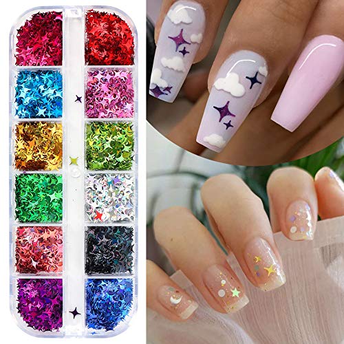 CHANGAR Nail Art Glitter Sequins, 3D Laser Cross Star Nail Paillette Decals Sticker Holographic Four-Angle Star Nail Sparkle Glitter for Manicure Make Up DIY Decals Decoration