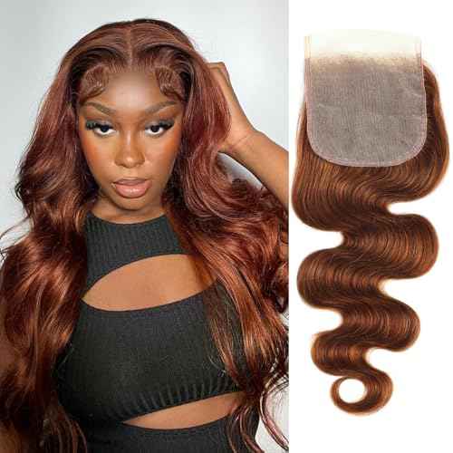ALHER 33 Reddish Brown Body Wave 4x4 Lace Closure 20 Inch, 12A Copper Brown Colored 4X4 HD Lace Closure Free Part Pre Plucked with Baby Hair, 100% Virgin Remy Human Hair for Black Women 150% Density