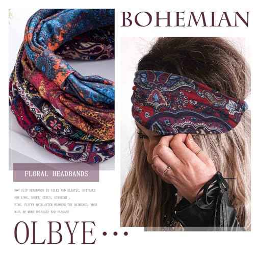 Olbye Wide Boho Headbands Floral Stretch Head Wraps Bohemian African Turban Hairbands Knotted Bandana Headband Yoga Running Head Scarfs Workout Hair Accessories for Women 4Pcs (Boho, 9.4 * 5.9'')