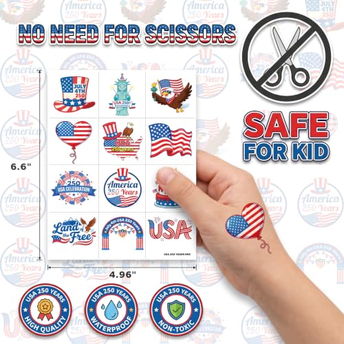 96 Patriotic Temporary Tattoos for Kids | Pre-Cut USA