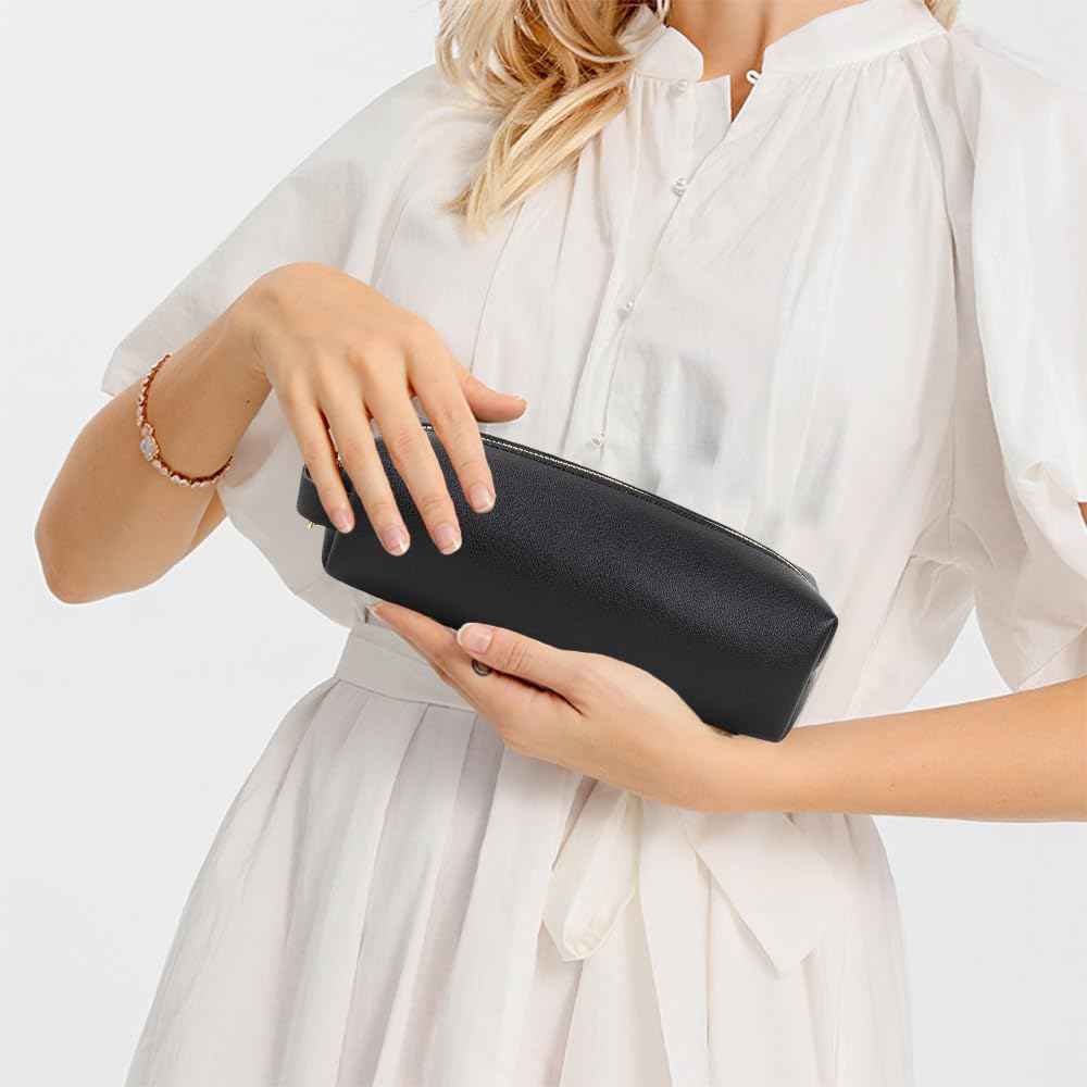 FFpaw Travel Makeup Bag, Slim Makeup Brush Bag Small Makeup Bag for Purse Leather Brush Holder Bag Portable Cosmetic Case Travel Toiletry Bag with Zipper Car Essentials for Women Girls