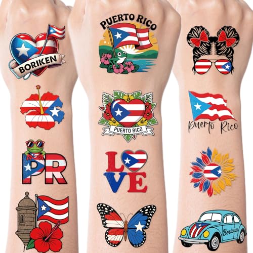 Puerto Rico Temporary Tattoos, 8 Sheets 200+ PR Rican Flag Fake Tattoo Stickers, Puerto Rico Party Decorations for Patriotic Anniversary Veterans National Day Festival Decor