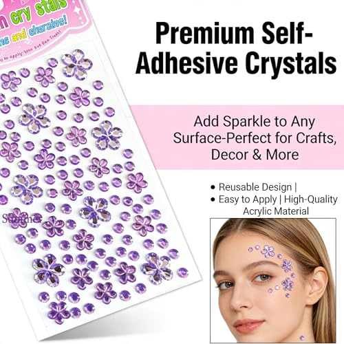 Purple Flower Face Gems Stickers - 2 Sheets Self Adhesive Rhinestones