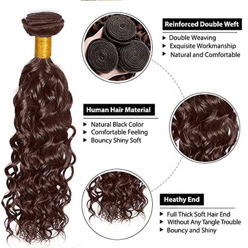 Dark Brown Water Wave Human Hair Bundles - 30 32 34 Inch