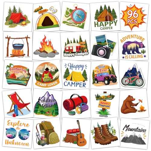 Konsait 96Pcs Camping Temporary Tattoos, Pre-Cut Camping Party Decorations Tattoos Stickers Campings Party Favors, Camp Gifts Camping Fun Stuff Accessories Party Ideas