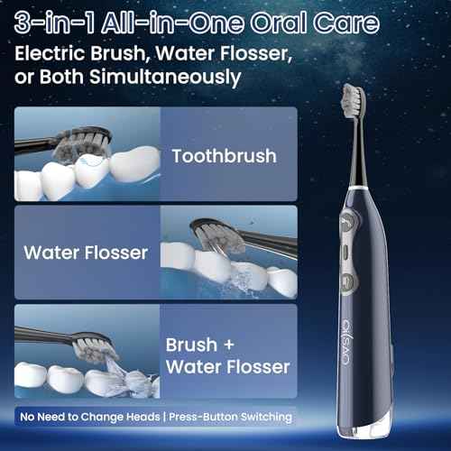 3-in-1 Flossing Toothbrush-Flosses, Vibrates and 60¡Æ Oscillates, Electric Toothbrush with Water Flosser Equipe 5 Brush Heads, Up to 99.99% Plaque Removal for Sensitivity, Braces-Blue