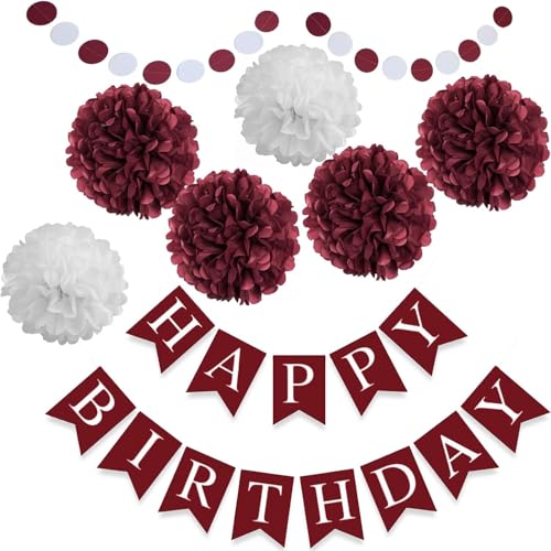Burgundy Maroon Party Decorations Set - 8pcs Hanging Garland & Pom Poms