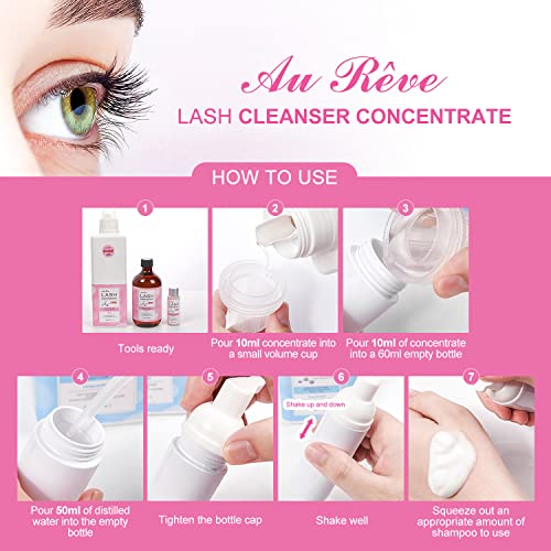 AuReve Lash Shampoo Concentrate 30ml Lash Cleanser Concentrate Add Hyaluronic Acid Oil-Free Lash Extension Shampoo Perfect for Salon，Aloe