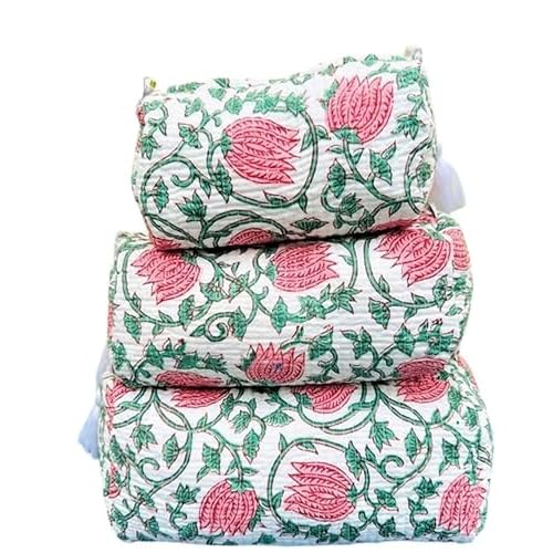 Set of 3 Pieces Block Print Designer Toiletry Bag & Makeup Case - Boho Floral Quilted Pouch for Cosmetics, Skincare - Waterproof Lined Organizer for Diaper Bag, Purse, Travel, Gift, Pencils