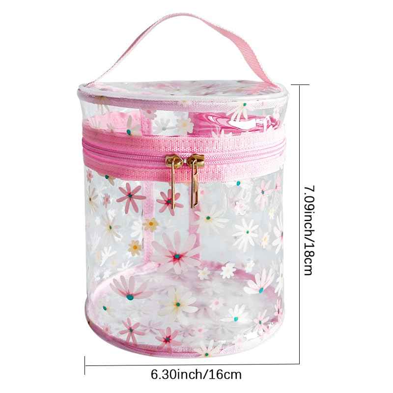 TotePrint Printed Flowers Clear Cylinder Travel Makeup Bag,Portable Waterproof Pouch with Handle Ideal for Women and Girl (D2064-3)