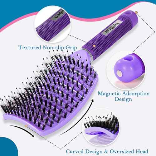 Boar Bristle Hair Brush Set - Dry/Wet Detangler for Fine, Thick, Curly Hair - Curved and Vented Brush for Women, Men or Kids (Purple & Green)