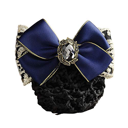 Women Lacrosse Flower Lace Ribbon Bowknot Rhinestone Snood Net Elastic Hair Clip Barrette Bun Maker Bow Cover Hairnet Decor for Nurse Bank Worker Air Hostess (Blue)