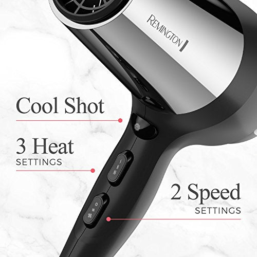 Remington Impact Resistant Hair Dryer, 1875-Watt Blow Dryer with Tourmaline, Titanium & Ceramic Technology, 3 Heat, 2 Speed Settings, Cool Shot, Diffuser & Concentrator Attachments