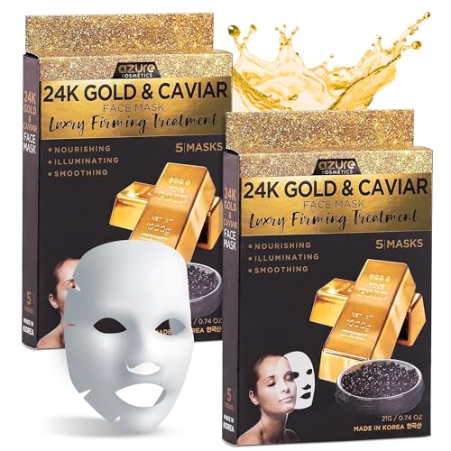 AZURE 24K Gold and Caviar Anti Aging Luxury Face Mask - Hydrating & Firming Facial Mask - Helps Reduce Wrinkles & Fine Lines with Hyaluronic Acid & Collagen - Skin Care Made in Korea - Pack of 10