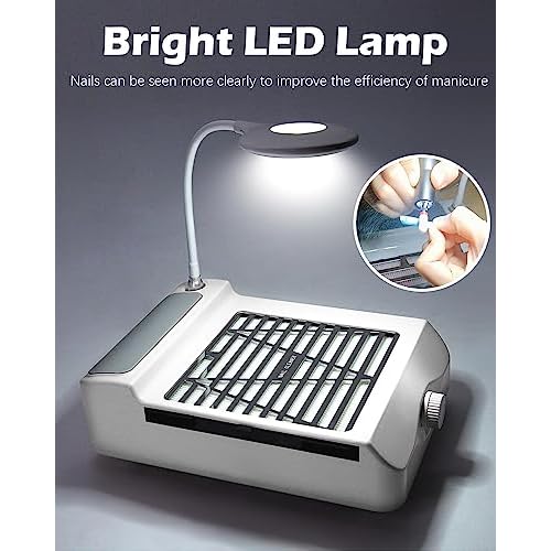 Nail Dust Collector Low Noise, AONOLOVO Powerful Nail Vacuum Dust Collector Suction Fan with Lamp for Nail Tech Acrylic Nails Gel Dip Powder Removal, with Nail Dust Brush, 03-White