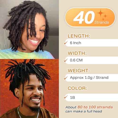 6 inch 40 Strands Loc Extensions Human Hair, Real 0.6cm Width Human Hair Dreads Extensions for Man/Women Full Handmade Dreadlocks Can be Dyed(1b)