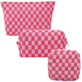 3Pcs Makeup Bag Set for Women, Checkered Cosmetic Bag Travel Toiletry Bags for Purse Large Small Mini Makeup Pouch Zipper Makeup Brushes Aesthetic Accessories Storage Organizer Bag (Pink Set)