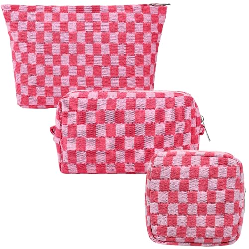 3Pcs Makeup Bag Set for Women, Checkered Cosmetic Bag Travel Toiletry Bags for Purse Large Small Mini Makeup Pouch Zipper Makeup Brushes Aesthetic Accessories Storage Organizer Bag (Pink Set)