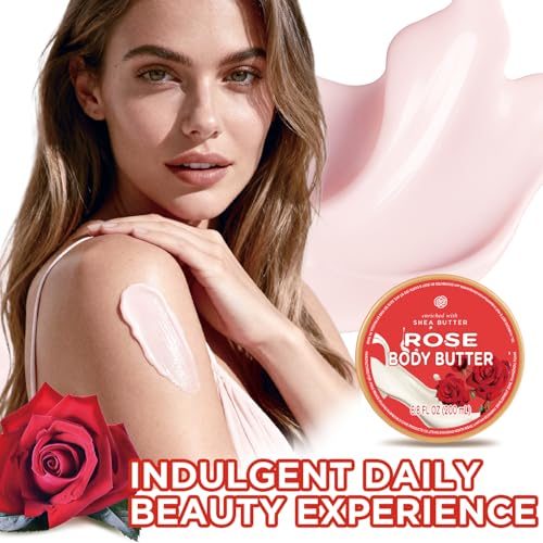 Rose Body Butter, Shea Body Butter for Women Dry Skin, Natural Rose Lotion for Body Care Smell Good-6.8 floz(200ml)