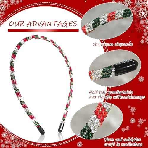 Gem Headbands Christmas Hairbands Red Green White Diamonds Hair Hoop Xmas Rhinestone Head Bands Headwear Christmas Hair Decoration for Winter Party Cloth Match (01)