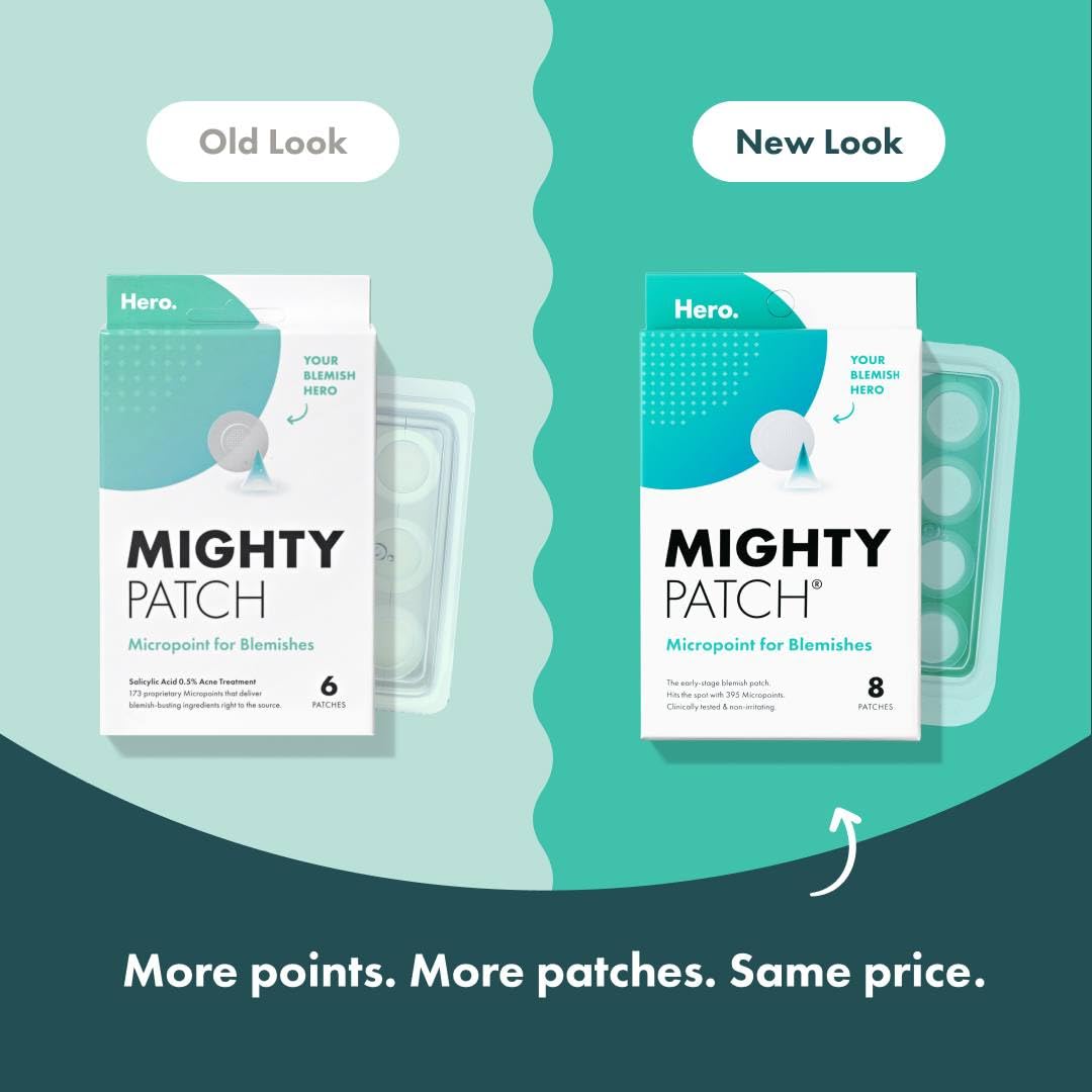 Hero Cosmetics Mighty Patch Micropoint™ for Blemishes - Hydrocolloid Acne Spot Treatment Patch for Early Stage Zits and Hidden Pimples, 395 Proprietary Micropoints (8 Count)