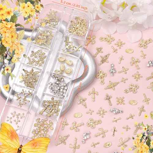 60 Pcs Gold Coss Nail Charms, 12 Styles 3D Cross Gold Nail Charms Crosses Star Nail Charm and Gems, Mixed Crosses Golden Charm for Acrylic Nails Y2K DIY Accessories