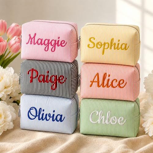 Personalized Striped Makeup Bag - Custom Name Embroidery