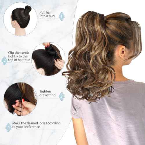 Drawstring Ponytail Extension 16 Inches Wavy Curly Ponytail Hair Extensions Synthetic Drawstring Pony Tails Hair Extensions for Daily Use(Mixed Brown)
